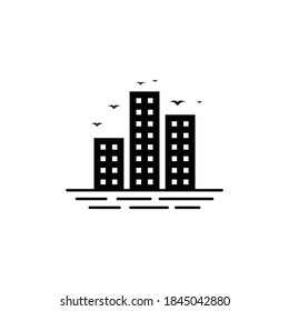 beachside multi-storey logo with birds flying
