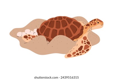 Beachside turtle resting. Vector illustration of a sea turtle on sand, capturing a serene moment in a natural habitat.