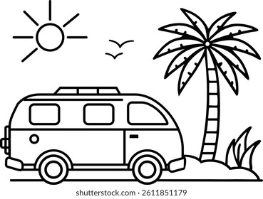 Beach-themed coloring page featuring a vintage van parked on sandy shores