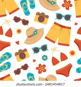 Beachwear and accessories seamless pattern. Women swimsuit, men shorts, flip-flops, hat, sunglasses and camera. Summer clothing for vacation. Vector flat illustration isolated on white background 