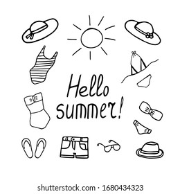 beachwear and accessories - set of elements hand drawn in doodle style. swimsuit, bikini, hat, sunglasses, shorts, sun. Scandinavian simple. collection for design summer sticker, icon, postcard