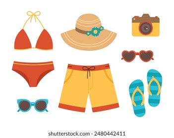 Beachwear and accessories set. Women swimsuit, men shorts, flip-flops, hat, sunglasses and camera. Summer clothing collection for vacation. Vector flat illustration isolated on white background