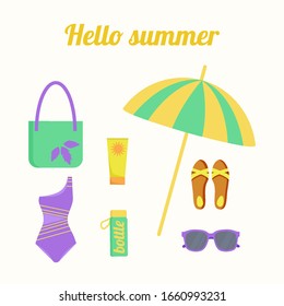 Beachwear and accessories top view: swimsuit, bag, beach umbrella, sandals, sunglasses, water bottle, sunscreen. Vector illustration in a flat style. 