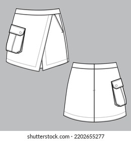 beachwear cargo pocket skirt flat sketch technical cad for fashion design