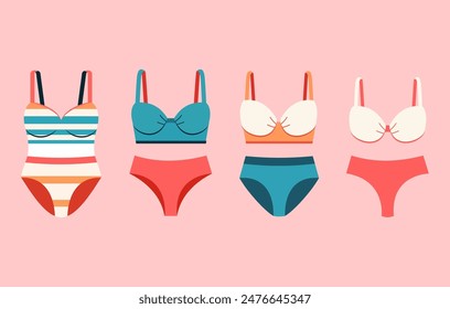 Colección de playa. Conjunto de trajes de baño para mujer. Dos piezas y un traje de baño