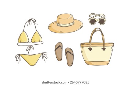 Beachwear doodle vector set. Summer hand drawn illustration. Beach vacation doodle collection vintage style