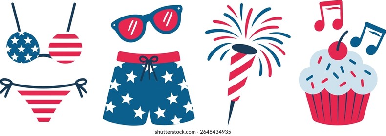 Roupa de praia e conjunto de acessórios divertido. Traje de banho, óculos de sol, notas de música, fogos de artifício, biquíni, cupcake, tema de brilho de água em estilo azul branco vermelho patriótico