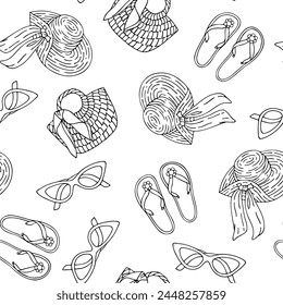 Beachwear seamless pattern. Funny cute doodle summer background. Flip flops, beach bag, glasses, straw hat. Summer pattern, vector background