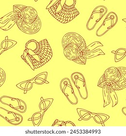 Beachwear seamless pattern. Funny cute doodle summer background. Flip flops, beach bag, glasses, straw hat. Summer pattern, vector background