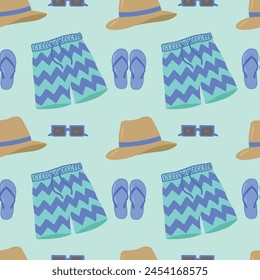 Beachwear, seamless pattern, vector. Men's shorts, swimming trunks, glasses and a hat on a light blue background. Stock illustration