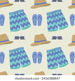 Beachwear, seamless pattern, vector. Men's shorts, swimming trunks, glasses and a hat on a light blue background. Stock illustration