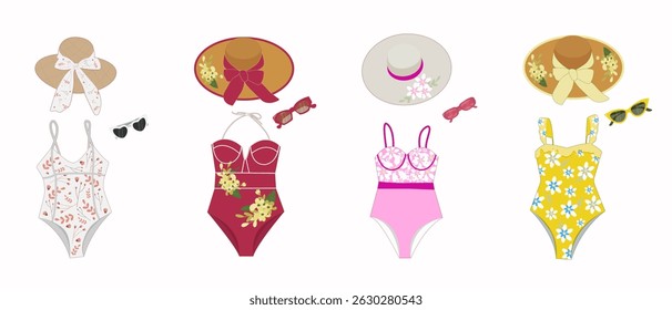 Beachwear Set. Beach hat, fashionable sunglasses. Bright swimsuits. Vector illustration.
