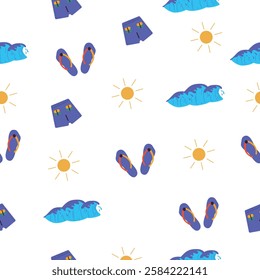 Beachwear and Summer Accessories Pattern
A seamless summer-themed pattern featuring flip-flops, shorts, ocean waves, and sunshine.