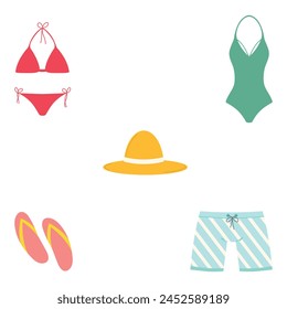Beachwear vector set in flat style. Beach clothing summer element. Swimsuit, hat, bikini, slippers cartoon flat vector isolated on white background