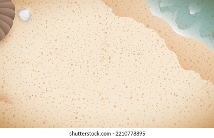 Beachy scene in top view of a serene seashore with sea waves, oyster shell and pearl.