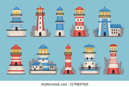 Beacon building. Lighthouses with searchlight, marine navigation coastline towers with a floodlight on coast for maritime navigation red or blue with white stripes. Searchlight guide, navigation