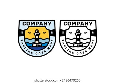 beacon buoy and sea view badge modern logo design for marine sea sport company business