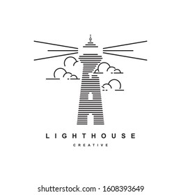 Beacon with cloud illustration.Lighthouse logo design vector template
