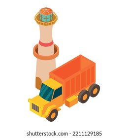 Beacon Construction Icon Isometric Vector. Yellow Dump Truck Near Light House. Building, Repair, Reconstruction