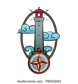 Beacon in frame with compass, clouds and sea waves in vintage retro style. Design for old school tattoo, background hipster print, cover, poster. Cartoon vector illustration.
