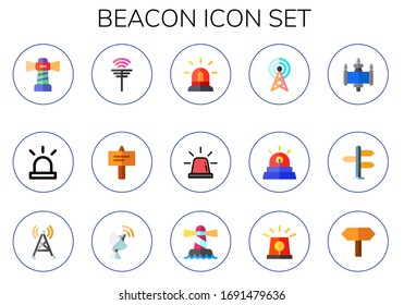 beacon icon set. 15 flat beacon icons. Included lighthouse, siren, antenna, signal, signals icons