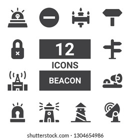 beacon icon set. Collection of 12 filled beacon icons included Signal, Lighthouse, Siren, Ambulance lights, Signals, Insecure