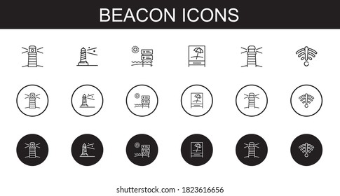 beacon icons set. Collection of beacon with lighthouse, signal. Editable and scalable beacon icons.