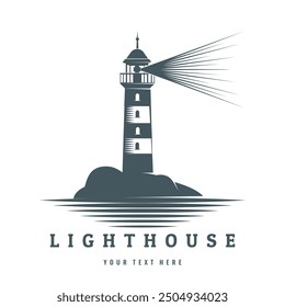 Beacon label sign. Lighthouse engraving emblem isolated vector illustration