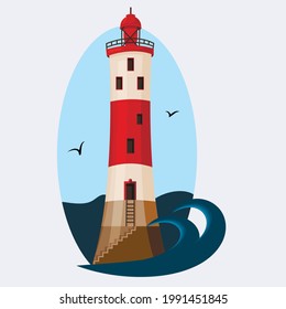 Beacon. Lighthouse tower against the sky. Gulls and ocean waves. Vector illustration.