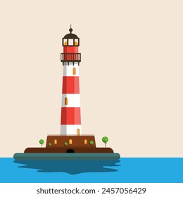 Beacon - lighthouse vector symbol with sea on foreground