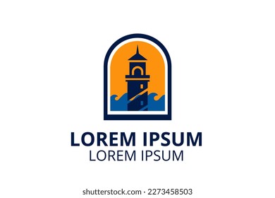 diseño del logotipo de beacon en playa en isla tropical ícono de concepto para agencia de viajes, puerto, monumento o cualquier empresa de negocios.