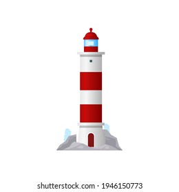 Beacon, marine tower with searchlight lamp isolated red striped building icon. Vector nautical construction with entrance on rocks. Nautical lighthouse and sea navigation beacon, navigation equipment