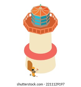 Beacon repair icon isometric vector. Painter with paint roller near lighthouse. Building, repair, reconstruction
