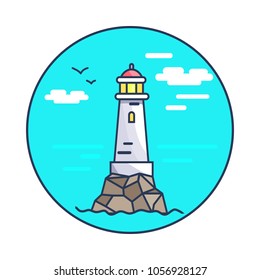 Beacon and rocks, circled icon, lighthouse and flying birds, sky and clouds, seawater and beacon vector illustration isolated on white background