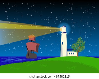 Beacon and sailing vessel on background of the star sky and a tree