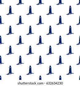 Beacon, Seamless Maritime Pattern, Blue Lighthouse on White Background , Vector Illustration