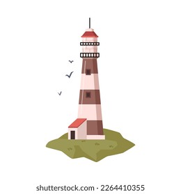 Beacon or searchlight on lighthouse, isolated construction for sea and ocean navigation and guidance. Architecture and sightseeing. Vector in flat style