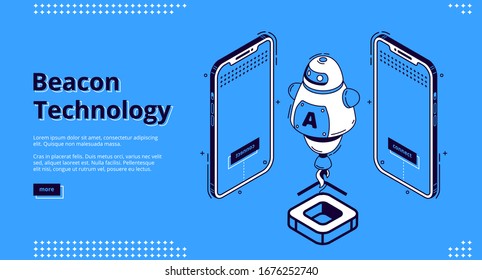 Beacon technology banner. Internet of things system concept. Vector landing page of marketing strategy using radar with wireless connection. Isometric robot connects smartphones