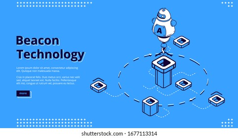 Beacon technology banner. Internet of things system concept. Vector landing page of marketing strategy using radar with wireless connection. Isometric illustration of robot and signal broadcast