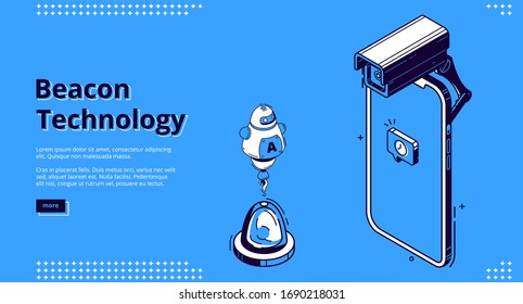 Beacon technology banner. Internet of things system concept. Vector landing page of marketing strategy using radar with wireless connection. Isometric smartphone and robot on blue background