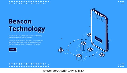 Beacon technology banner. Internet of things system concept. Vector landing page of marketing strategy using radar with wireless connection. Isometric smartphone on blue background