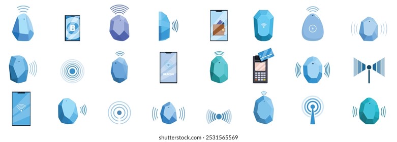 Conjunto de ícones da tecnologia Beacon. Conjunto de beacon Bluetooth com vários dispositivos conectando e transmitindo dados ilustrando o conceito de marketing de proximidade