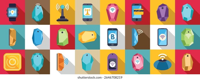  Conjunto de ícones da tecnologia Beacon. Ícones coloridos representando beacons, entrada sem chave e tecnologias de comunicação sem fio