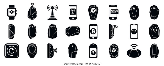  Conjunto de ícones da tecnologia Beacon. Explore a conectividade ininterrupta com beacons e tags inteligentes, simplificando o rastreamento de locais e a recuperação de itens através da tecnologia sem fio
