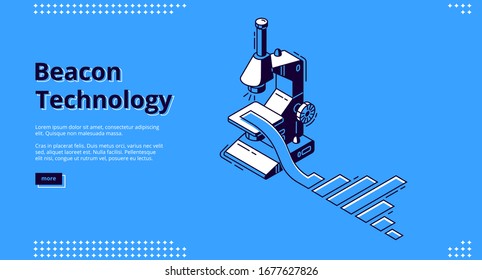Beacon technology isometric landing page. Microscope research column chart. Internet of things network, exchange and share information using wireless connection, iot. 3d vector line art web banner