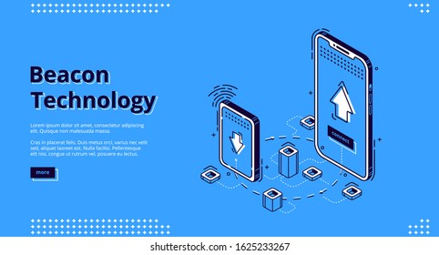 Beacon technology isometric web banner. Internet of things, communication network. Smartphones exchange and share information using wireless connection, iot. 3d vector landing page in line art style