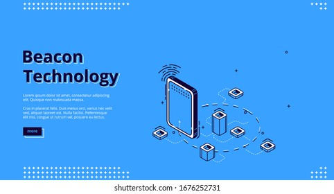 Banner web isométrico de tecnología de radiobalizas. Gadget, señal wifi y elementos abstractos conectados con líneas punteadas. Internet de cosas red, conexión inalámbrica, no. Página de inicio de 3d líneas vectoriales