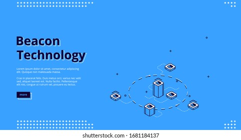 Beacon technology isometric web banner with abstract elements connected with dotted lines. Internet of things, communication network, wireless connection, iot. 3d vector landing page in line art style