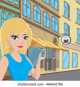 Beacon Technology Vector Illustration.Girl With Phone On The Street