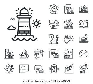 Beacon tower sign. Floor plan, stairs and lounge room outline icons. Lighthouse line icon. Searchlight building symbol. Lighthouse line sign. House mortgage, sell building icon. Real estate. Vector